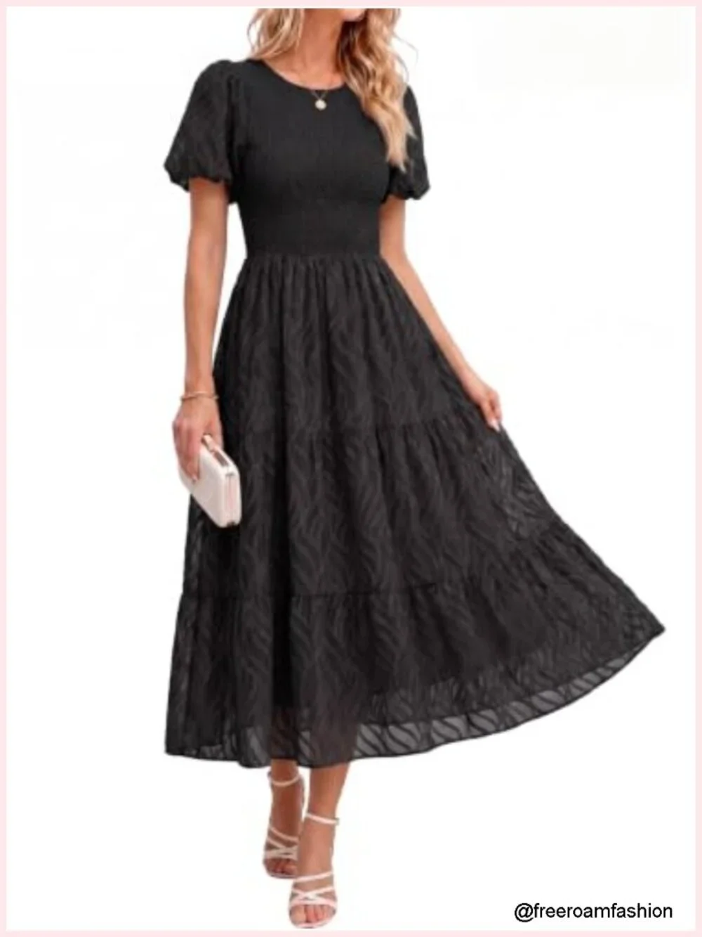 Chiffon Midi Dress Smocked Crewneck A-Line Tiered Short Sleeve